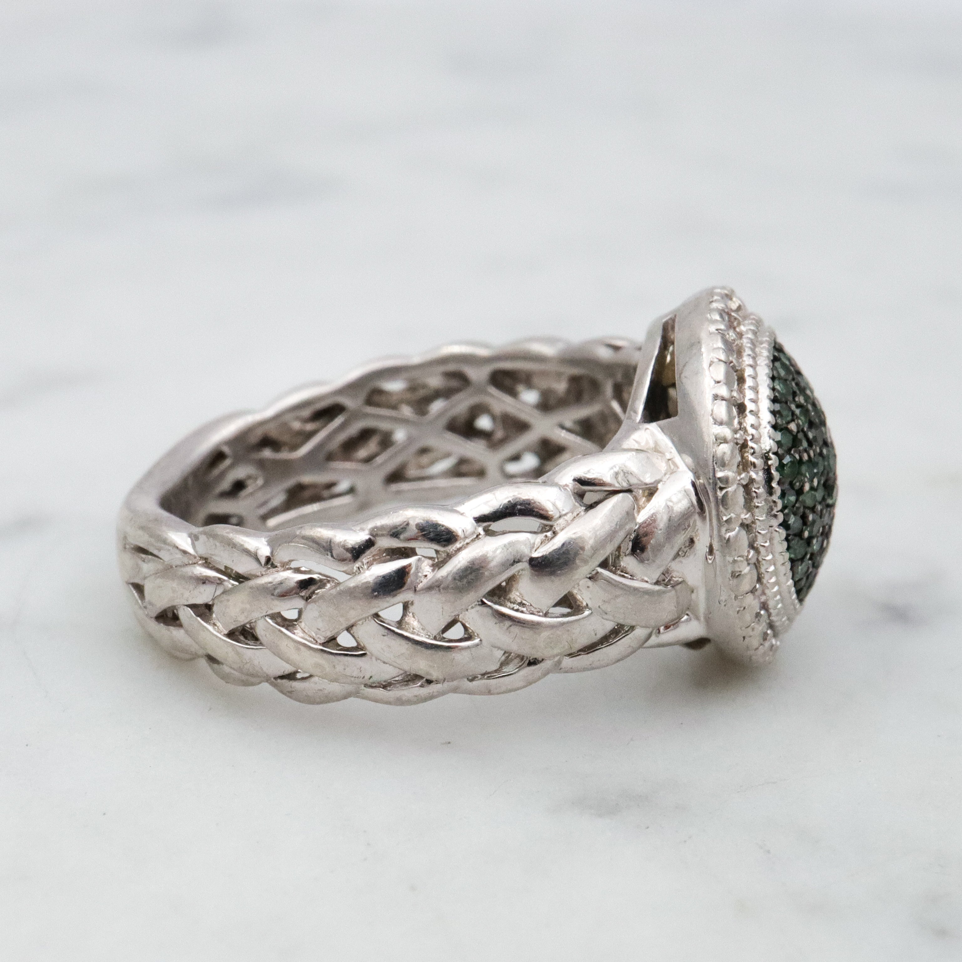 Retro Joseph Schmid green diamond braided sterling ring, size 8